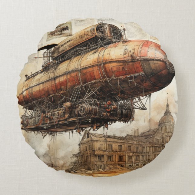 Cojín Redondo Vintage Steampunk Zeppelin (3) (Anverso)