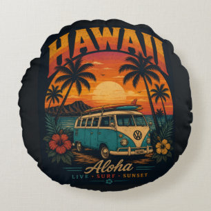 Cojín Redondo Vintage Sunset Palms Surfboard Aloha Hawaiano