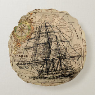 Cojín Redondo Vintage Vailing Ship and Old European Map