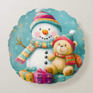 Cojín Redondo Vintage Watercolor Bear Navidades Snowman