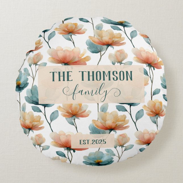 Cojín Redondo Vintage Watercolor Floral Family Heritage (Anverso)