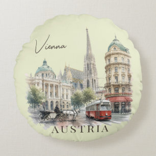 Cojín Redondo Vintage Watercolor Vienna Austria Tram & Cathedral