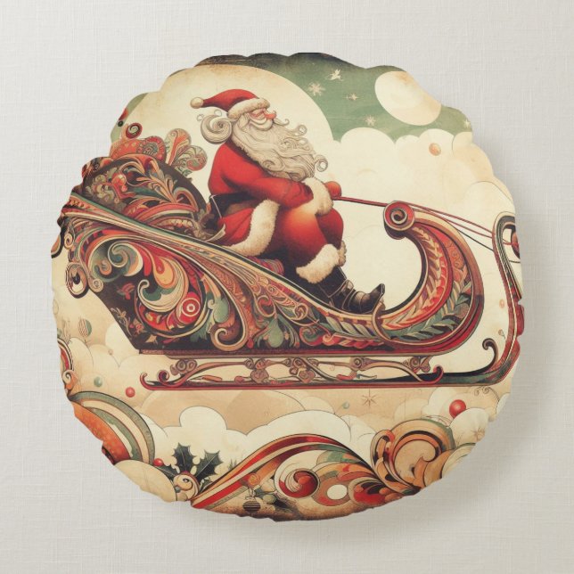Cojín Redondo vintage/whimsical/santa/Navidades (Anverso)