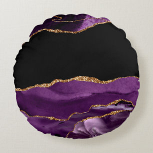 Cojín Redondo Violet Black Marble Agate Glam Golden Purpurina