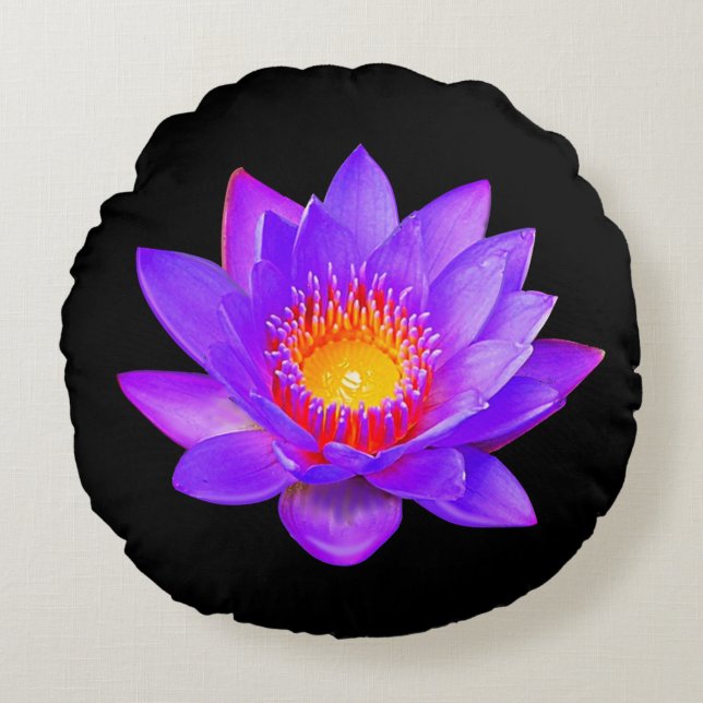 Cojín Redondo Violet Lotus Flower on Black (Anverso)