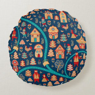 Cojín Redondo Vista aérea. Casas, bosque, enanos, osos, zorros