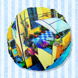 Cojín Redondo Vista de la mañana desde un balcón de Cinque Terre