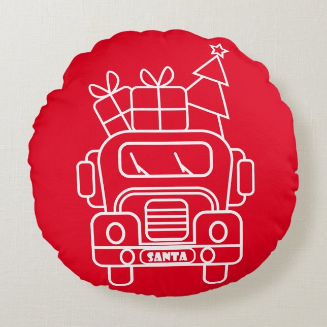 Cojín Redondo Vista frontal del camión de Navidades de esquema (Anverso)