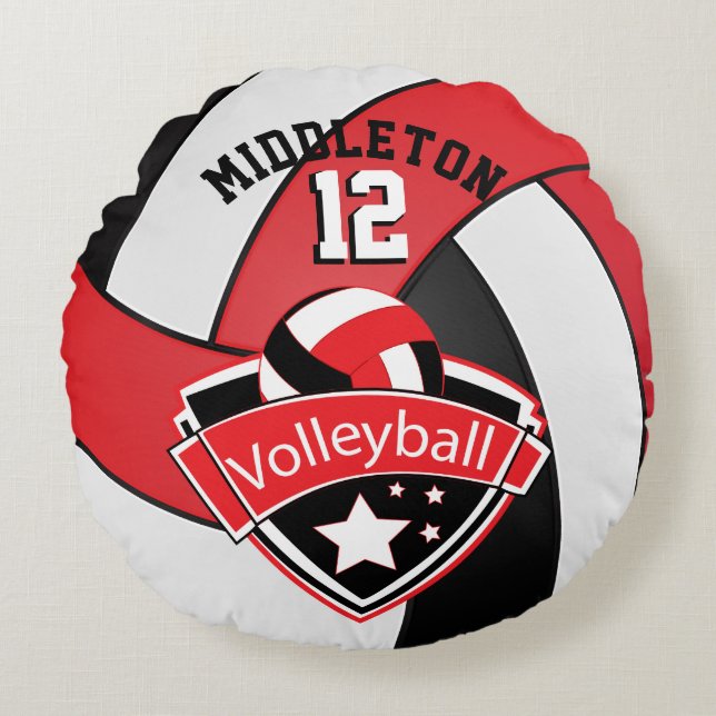 Cojín Redondo Voleibol rojo, blanco y negro personalizado (Anverso)