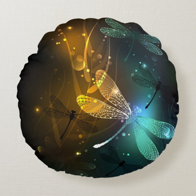 Cojín Redondo Vuelo de libélula luminosa verde (Anverso)