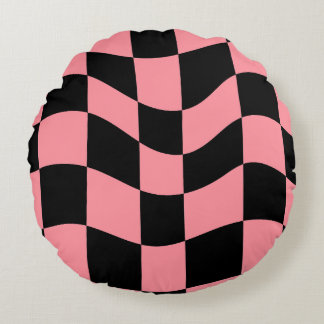 Cojín Redondo Warped Checkerboard Throw Pillow - Trippy Pink and