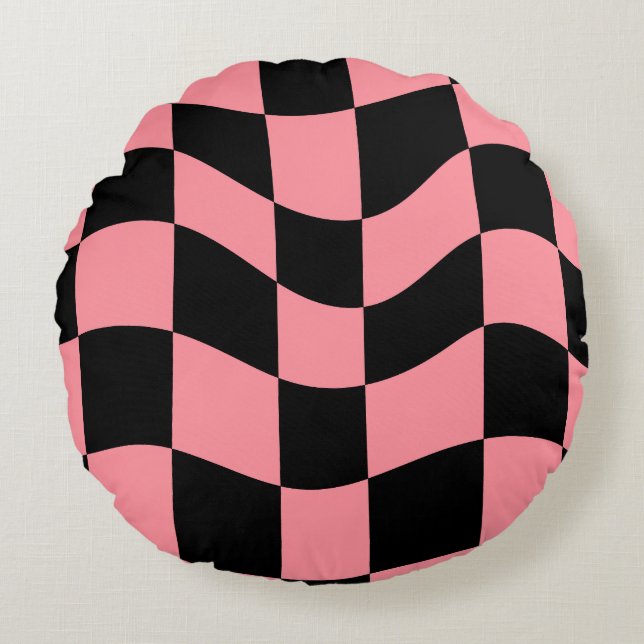 Cojín Redondo Warped Checkerboard Throw Pillow - Trippy Pink and (Anverso)