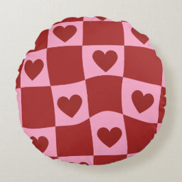 Cojín Redondo Warped Crimson Pink Checkerboard Pillow