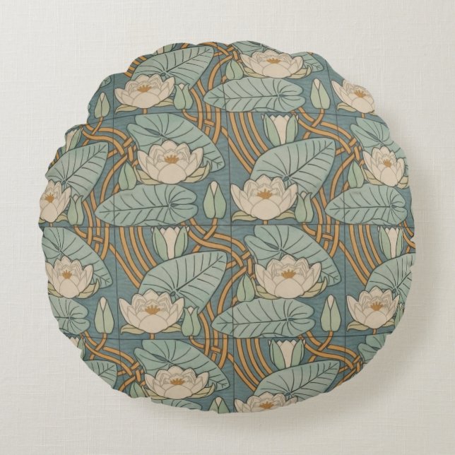 Cojín Redondo Water Lilies Lily Naturaleza Art Nouveau (Anverso)