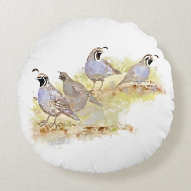 Cojín Redondo Watercolor California Quail Bird Nature Art (Anverso)