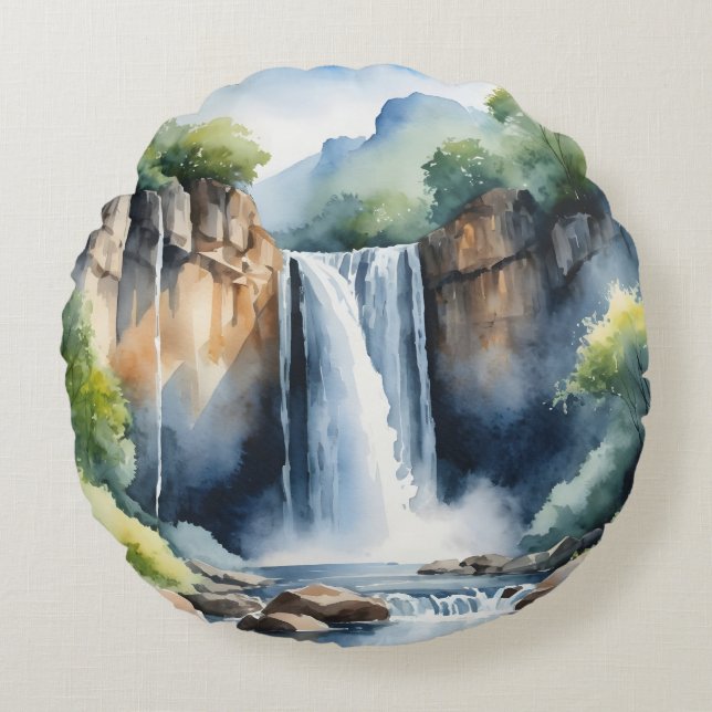 Cojín Redondo Watercolor painted waterfall (Anverso)