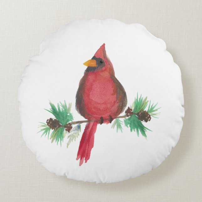 Cojín Redondo Watercolor Red Cardinal Christmas (Anverso)