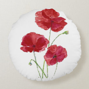 Cojín Redondo Watercolor Rojo Poppy Garden Flor Flor Arte floral