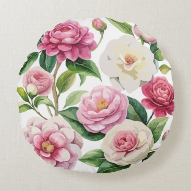 Cojín Redondo Watercolor Vibrant Camellia (Anverso)