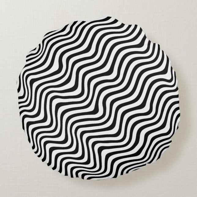 Cojín Redondo wavy black stripes op art printed (Reverso)