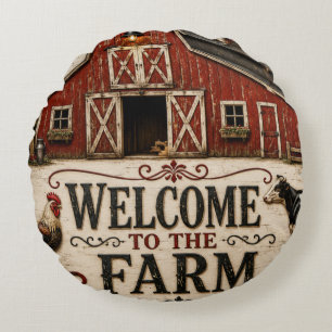 Cojín Redondo Welcome to the Farm Rustic Red Barn Farmhouse
