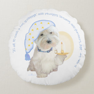 Cojín Redondo Westie Azul Buenas Noches con Vela