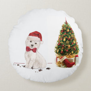 Cojín Redondo Westie Divertido Perro de Navidad con Árbol