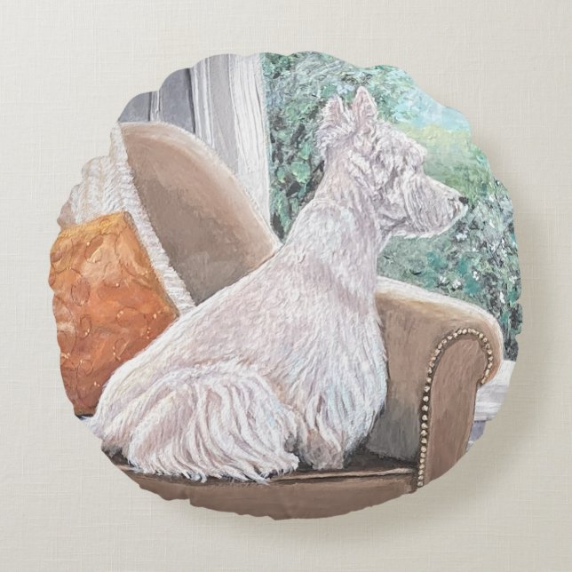 Cojín Redondo Westie Mirando hacia fuera una ventana (Anverso)