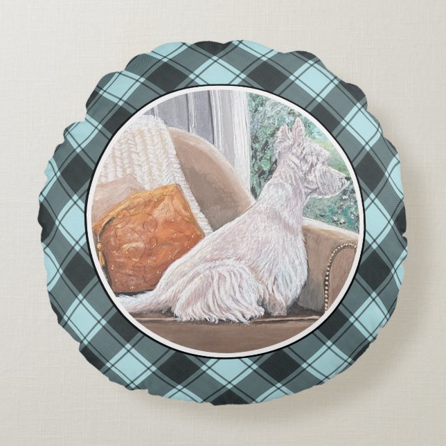 Cojín Redondo Westie Mirando hacia fuera una ventana (Anverso)