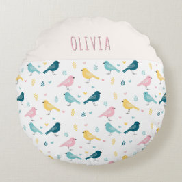Cojín Redondo Whimsical Bird Pattern Personalized Pink & Teal