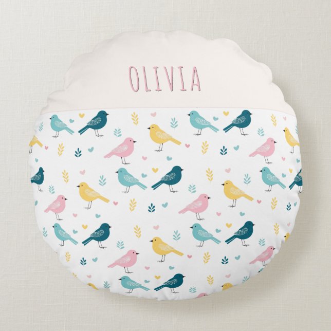 Cojín Redondo Whimsical Bird Pattern Personalized Pink & Teal (Anverso)
