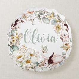 Cojín Redondo Whimsical Boho Moda Conejo Conejo Botánico Floral