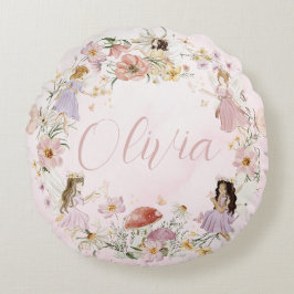 Cojín Redondo Whimsical Cute Fairy Wildflower Garden Meadow