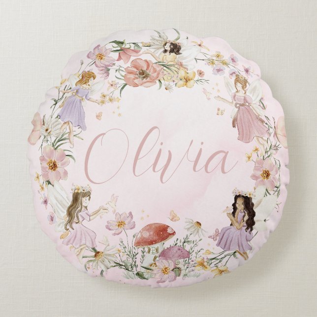 Cojín Redondo Whimsical Cute Fairy Wildflower Garden Meadow (Anverso)