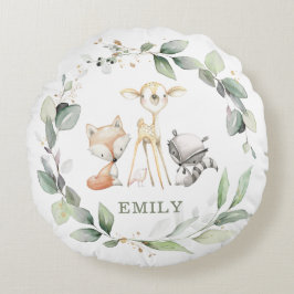 Cojín Redondo Whimsical Cute Woodland Animales Greenery Wreath