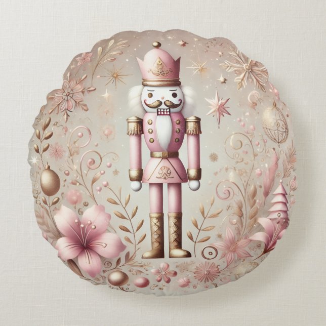 Cojín Redondo Whimsical Elegant Pink and Gold Pastel Nutcracker  (Anverso)