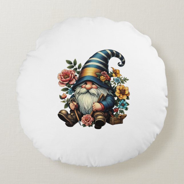 Cojín Redondo Whimsical Gnome with Flowers (Anverso)