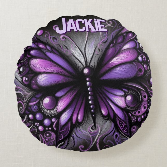 Cojín Redondo Whimsical Gothic Butterfly Purple Personalized (Anverso)