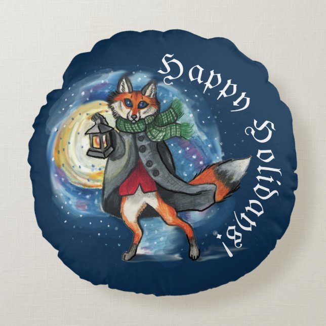 Cojín Redondo Whimsical Lantern Fox en la festividad de la nieve (Anverso)