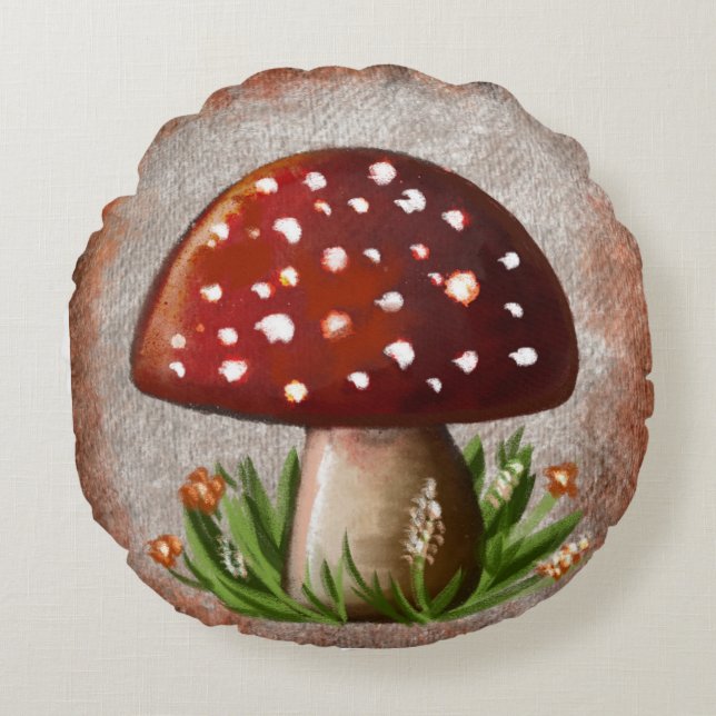 Cojín Redondo Whimsical Mushroom & Fungi Motif – Nature-Inspired (Anverso)