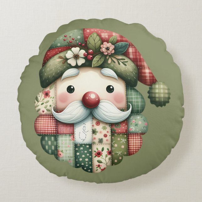 Cojín Redondo Whimsical Patchwork Santa Folk Christmas (Anverso)