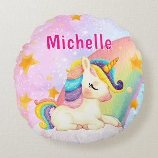 Cojín Redondo Whimsical Rainbow Unicorn Girl's Name Room 