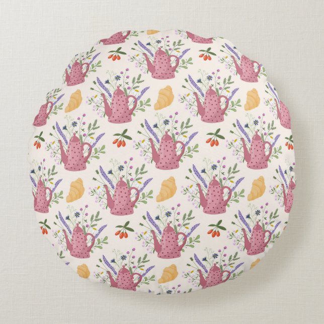 Cojín Redondo Whimsical Tea Time Doodle Throw Pillow (Anverso)