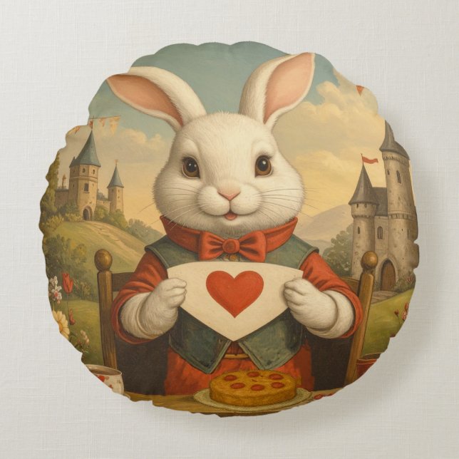 Cojín Redondo Whimsical White Rabbit Hearts Enchanted Wonderland (Anverso)