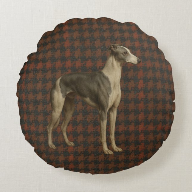 Cojín Redondo Whippet round cushion. Whippet on tweed/tartan (Anverso)