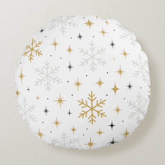 Cojín Redondo White & Gold Snowflake Sparkle Throw Pillow  (Anverso)