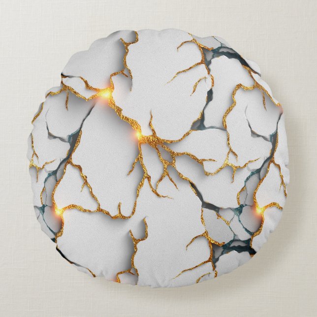 Cojín Redondo White Marble Texture with Glowing Gold Veins (Anverso)