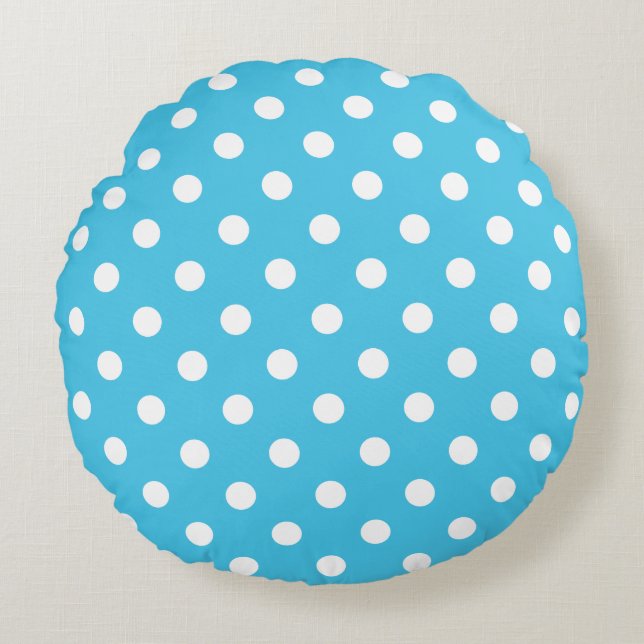 Cojín Redondo White Polka Dots on Aqua Blue Round Pillow (Anverso)