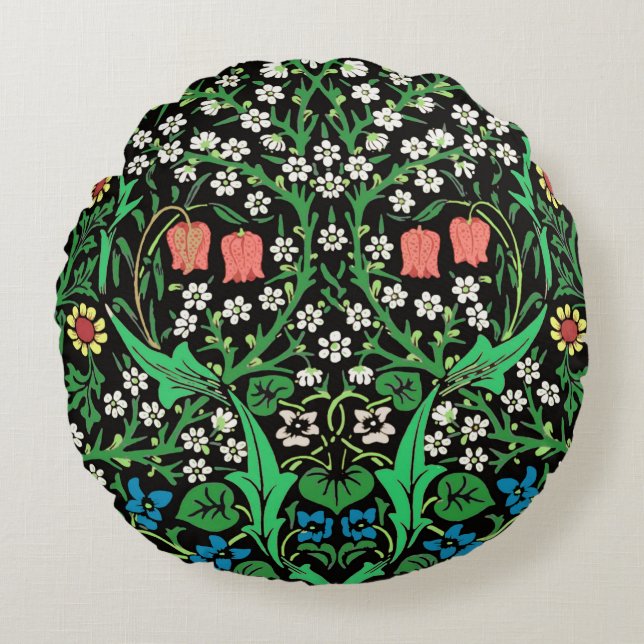Cojín Redondo William Morris Jacobean Floral, fondo negro (Anverso)