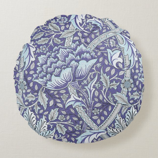Cojín Redondo William Morris Windrush patrón floral azul (Anverso)
